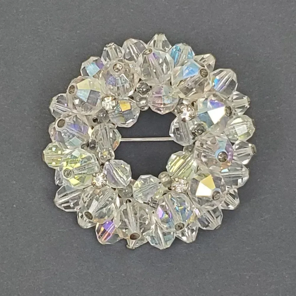 Vintage Aurora Borealis Clear AB Glass Beaded Cluster Wreath‎ Circle Brooch Pin